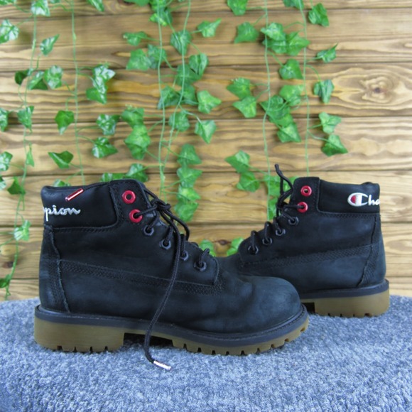 Champion x Timberland Black‎ Leather Lace Up Boots Boys Size 1.5 Ankle Outdoor